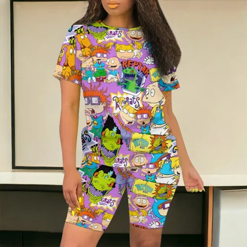 Casual Digital Printing O Neck Two Piece Short Set