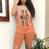 Casual Digital Printing Letter O Neck Two Piece Short Set