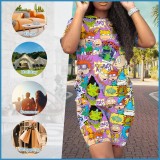 Casual Digital Printing O Neck Two Piece Short Set