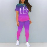 Casual Digital Printing Letter O Neck Two Piece Pant Set