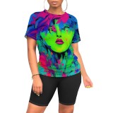 Casual Digital Printing O Neck Two Piece Short Set