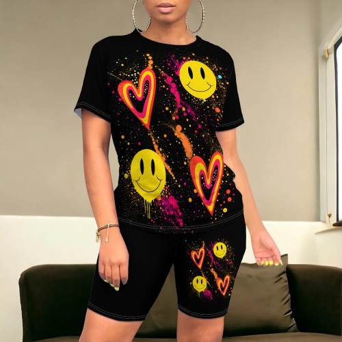 Casual Digital Printing O Neck Two Piece Short Set