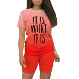 Casual Digital Printing Letter O Neck Two Piece Short Set