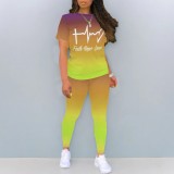 Casual Digital Printing Letter O Neck Two Piece Pant Set