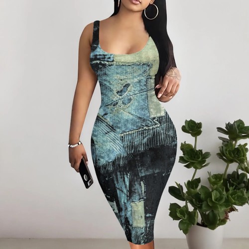 Custom Casual Printed Square Neck Sleeveless Midi Dress