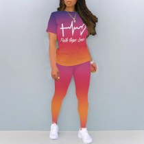Casual Digital Printing Letter O Neck Two Piece Pant Set