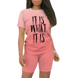 Casual Digital Printing Letter O Neck Two Piece Short Set