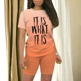 Casual Digital Printing Letter O Neck Two Piece Short Set