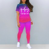 Casual Digital Printing Letter O Neck Two Piece Pant Set