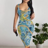 Custom Casual Printed Square Neck Sleeveless Midi Dress