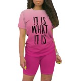Casual Digital Printing Letter O Neck Two Piece Short Set