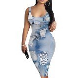 Custom Casual Printed Square Neck Sleeveless Midi Dress