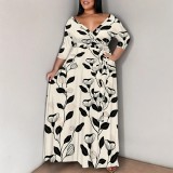 Casual Daily Flowers Print Lace Up V Neck Printed Plus Size Dresses