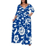 Casual Daily Flowers Print Lace Up V Neck Printed Plus Size Dresses