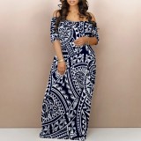 Sexy Boho Graphics Print Off Shoulder Short Sleeve Maxi Dresses