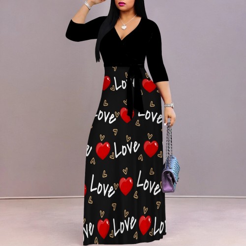 Custom Printed Women's V Neck 3/4 Sleeve Long Maxi Dress