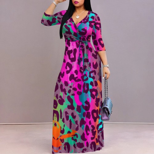Custom Printed Women's V Neck 3/4 Sleeve Long Maxi Dress