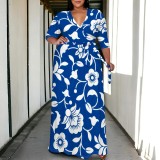 Casual Daily Flowers Print Lace Up V Neck Printed Plus Size Dresses