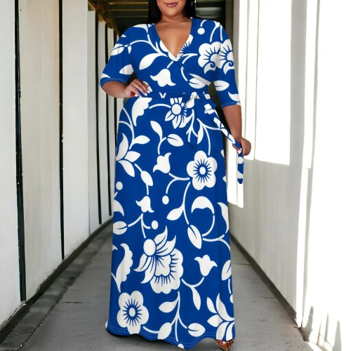Casual Daily Flowers Print Lace Up V Neck Printed Plus Size Dresses