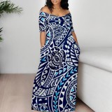 Sexy Boho Graphics Print Off Shoulder Short Sleeve Maxi Dresses
