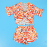 Casual Printed Tie Bat Sleeve Loose Shirt Two-piece Set