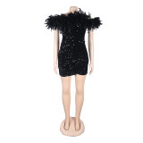 Women's Off Shoulder Fuzzy Trim Sequins Bodycon Dresses
