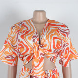 Casual Printed Tie Bat Sleeve Loose Shirt Two-piece Set
