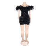 Women's Off Shoulder Fuzzy Trim Sequins Bodycon Dresses