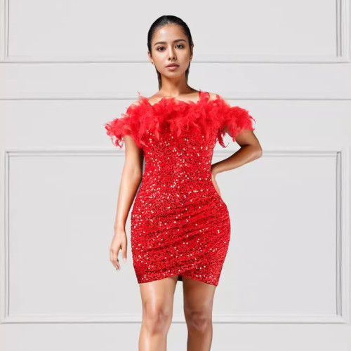 Women's Off Shoulder Fuzzy Trim Sequins Bodycon Dresses