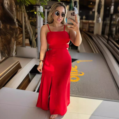 Solid Color Straps Slit Backless Maxi Dresses