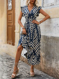 Holiday Leisure Colorblock Striped Ruffle Trim Pleated Waist Midi Swing Dress
