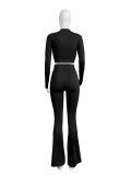Available Solid Crop Top High Waist Flared Sports Pants Casual Three Pieces