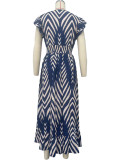 Holiday Leisure Colorblock Striped Ruffle Trim Pleated Waist Midi Swing Dress