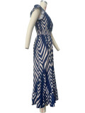 Holiday Leisure Colorblock Striped Ruffle Trim Pleated Waist Midi Swing Dress