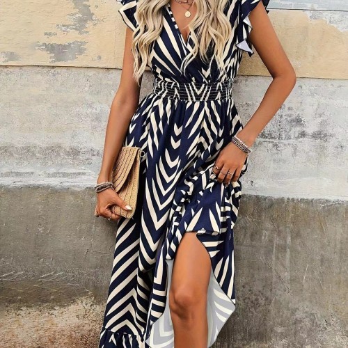 Holiday Leisure Colorblock Striped Ruffle Trim Pleated Waist Midi Swing Dress