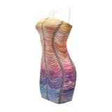 Women's Printed Hot Diamonds Thin Straps Double-layer Bodycon Dress