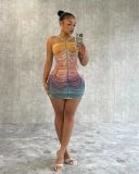 Women's Printed Hot Diamonds Thin Straps Double-layer Bodycon Dress