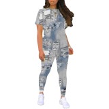 Custom Casual Digital Printing O Neck Two Piece Pant Set