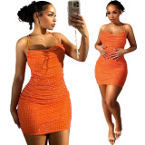 Solid Color Hot Diamond Strap Low Waist Bodycon Dress