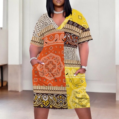 Casual National Totem Print Pocket Contrast V Neck Printed Plus Size Dresses