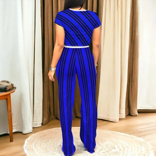 Casual Striped Print O Neck Short Sleeve Pant Set