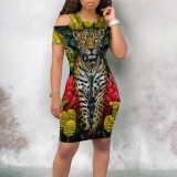 Casual Personalized Animal Print Cold Shoulder Midi Dresses