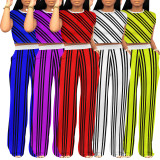 Casual Striped Print O Neck Short Sleeve Pant Set