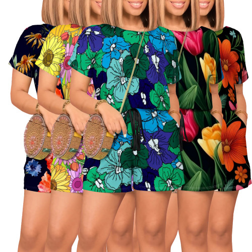 1 Piece Custom Casual Digital Printing Flowers O Neck Two Piece Short Set