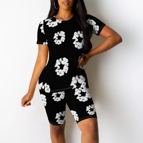 Casual Digital Printing O Neck Two Piece Short Set