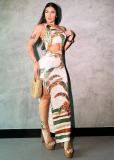 Casual Print Hollow Out Patchwork High Slit Ruched Oblique Collar Long Dresses