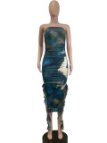 Celebrities Print Patchwork Backless Slit Flounce Strapless Irregular Dresses