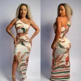 Casual Print Hollow Out Patchwork High Slit Ruched Oblique Collar Long Dresses