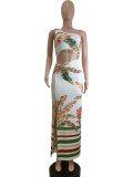 Casual Print Hollow Out Patchwork High Slit Ruched Oblique Collar Long Dresses