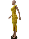 Celebrities Solid Color Patchwork Slit O Neck Long Dresses